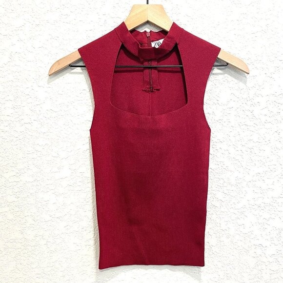Zara Wine Burgundy Red Knit Cutout Square Neck Stretchy Top Small - Picture 1 of 6